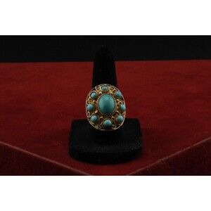 Antique Victorian 925 Silver Vermeil Filigree Ring w/Turquoise Cabochons Size 8